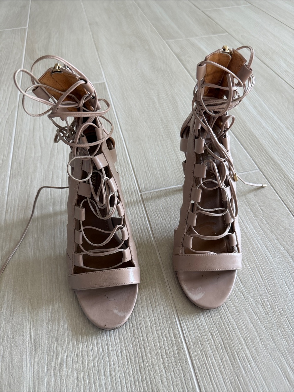 Aquazzura Nude Lace-Up Gladiator Heels